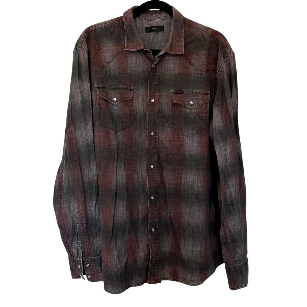 Diesel XXL Faded Plaid Western Pearl Snap Shirt Gray Burgundy Grunge Y2K